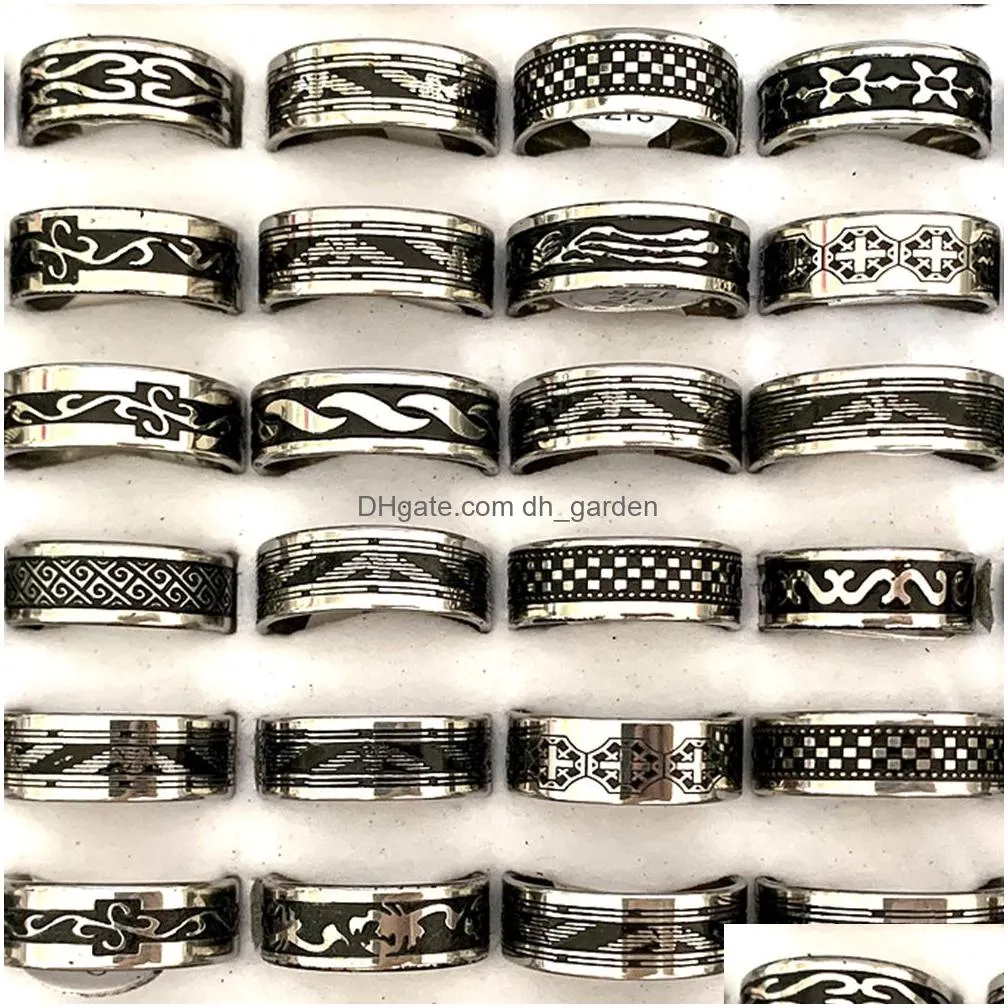 wholesale 30pcs black lines stainless steel rings mix men women band party gifts fashion punk retro jewelry