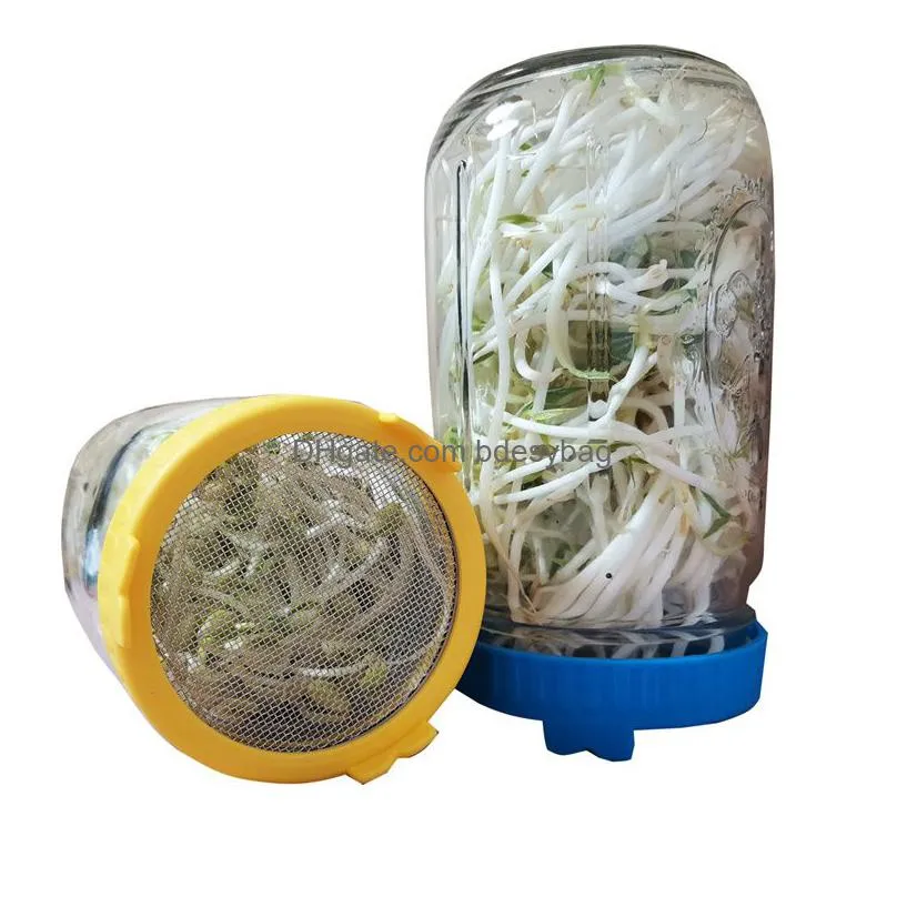 plastic sprouting lid with stainless steel screen mesh cover for 86mm wide mouth mason sprout jars germination strainer lx5349