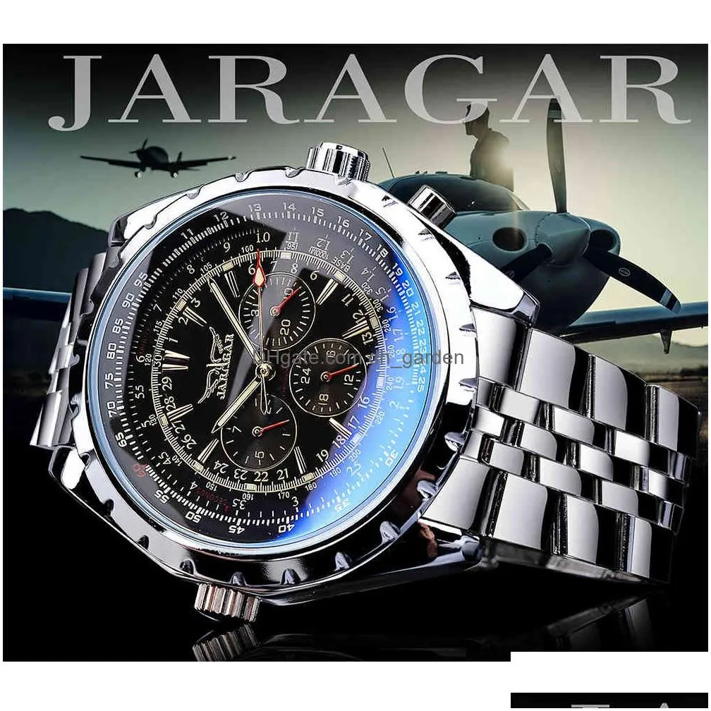 Wristwatches Jaragar Blue Glass Design Black Sier Matic Watch Stainless Steel Date Clock Luminous Men Business Mechanical Wr Dhgarden Otj21