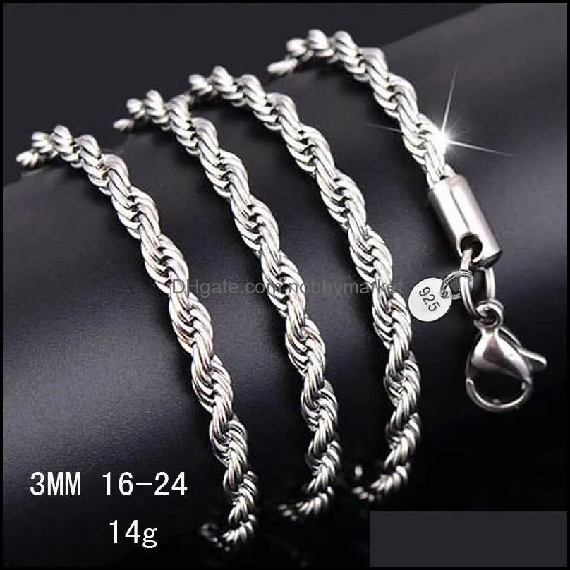 top quality 3mm 925 sterling silver twisted rope chains 16-30inches necklaced for women men fashion diy jewelry in bulk