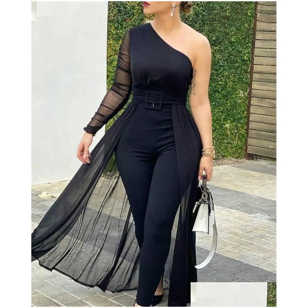 women jumpsuit black meshwork long sleeve casual dresses high waist elegant office ladies work wear female slim overall sxl