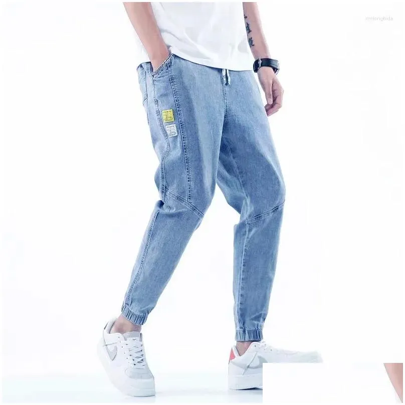 Men`S Jeans Mens Jeans Est Goods Baggy Dstring Waist Men Streetwear Elastic Cuff Kpop Clothes Casual Wide Leg Harajuku Gray Blue Drop Ottam