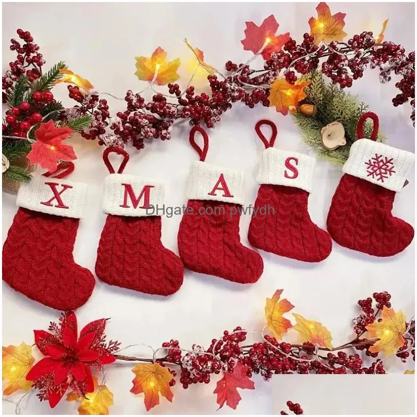 18x14cm christmas knitted stocking socks red snowflake alphabet 26 letters xmas tree pendant christmas ornaments decorations for family holiday party gift