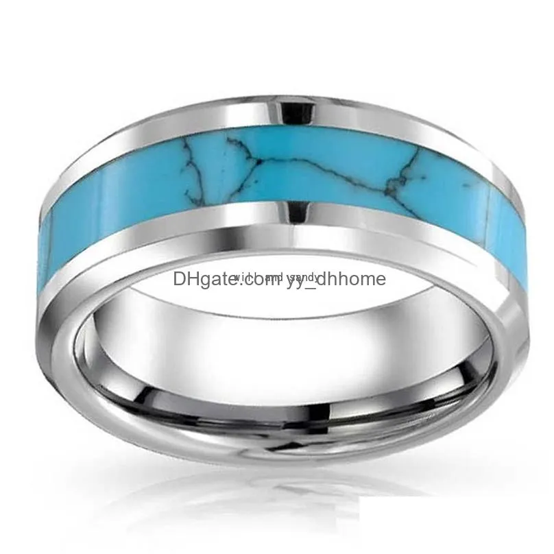 stainless steel natural turquoise ring band finger women mens inlay natural stone rings fashion jewelry will and sandy
