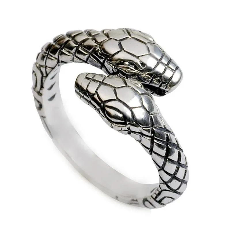 vintage men womens opening resizable double head snake rings 925 silver punk hip hop jewelry rap rock culture animals shape ring