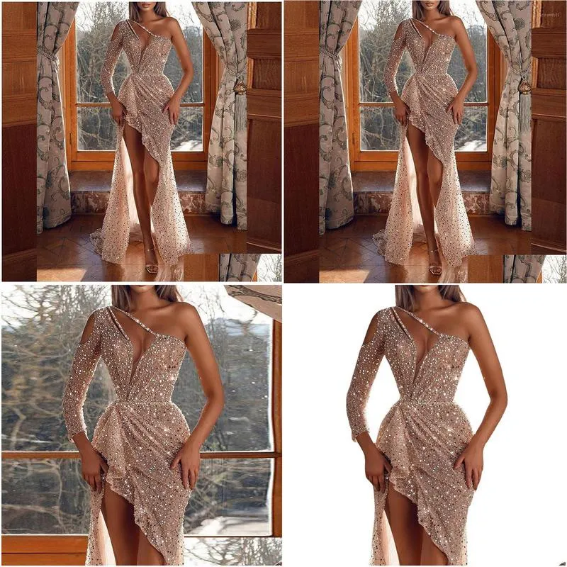 casual dresses y one shoulder sequin dress evening party women elegant solid high split backless wedding prom long maxi 2022