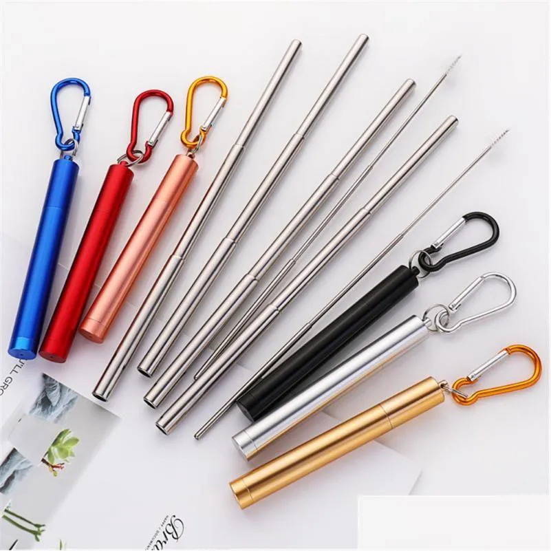 Drinking Straws Sts Portable Retractable St Reusable Metal With Case Set Washable 304 Stainless Steel Boba Tubes Bar Accessories Dro Dhewh