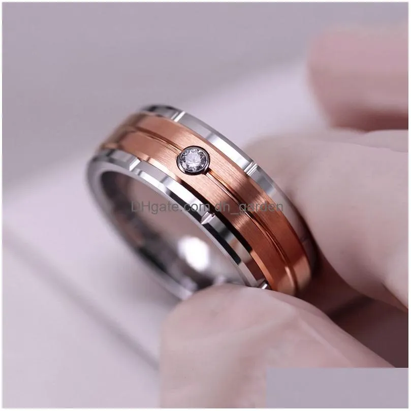 Band Rings Fashion Mens Beveled Steel Rings Rose Gold Color Brushed Inlay Zircon Ring Wedding Band Jewelry Gift Drop Delivery Dhgarden Otznr
