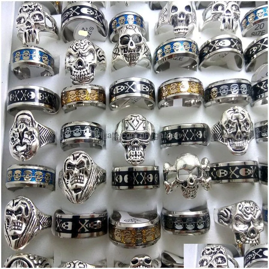 wholesale 50pcs mix skull stainless steel add alloy skull rings jewelry finger ring punk biker edelstahlringe fashion