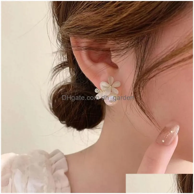 Stud Fashion Zircon Flower Stud Earrings For Women Shiny Crystal Imitation Pearl Earring Bridal Wedding Party Jewelry Drop D Dhgarden Oto1R
