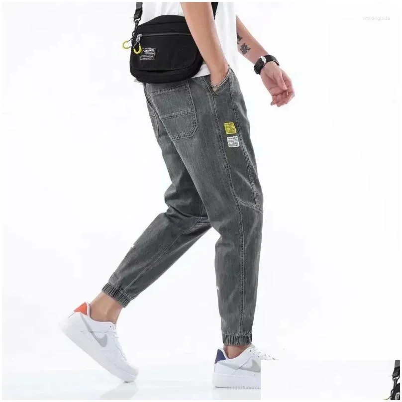 Men`S Jeans Mens Jeans Est Goods Baggy Dstring Waist Men Streetwear Elastic Cuff Kpop Clothes Casual Wide Leg Harajuku Gray Blue Drop Ottam