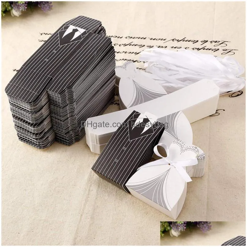 100pcs 50pairs european style tuxedo dress bride groom wedding favors candy boxes bomboniera party gift boxes with ribbons lz0082