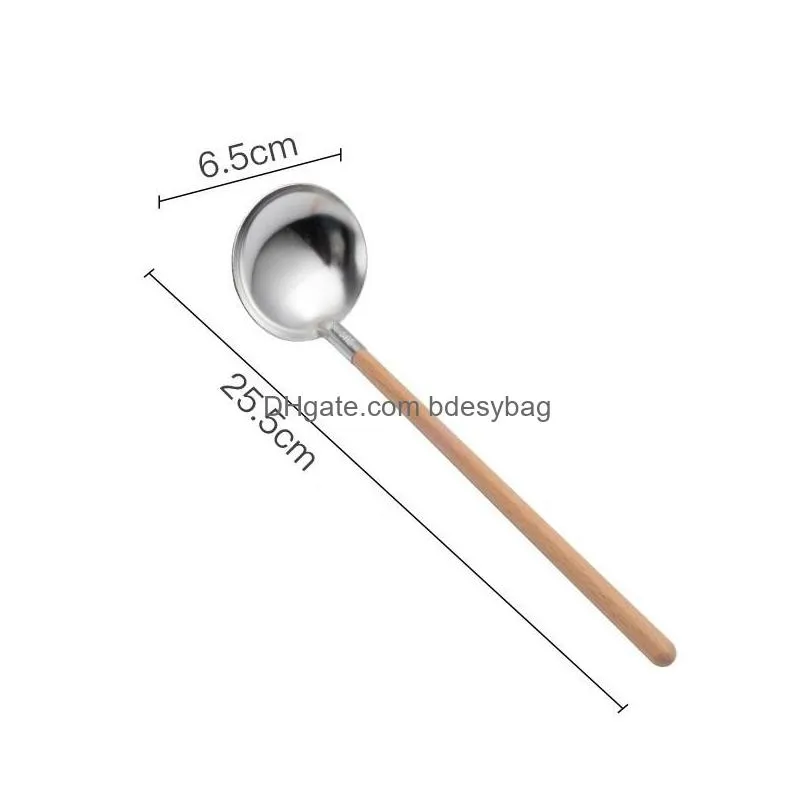 japanese style beech wood handle soup spoon stainless steel soup ladle long handle wooden spoon kitchen cooking utensil lx3993