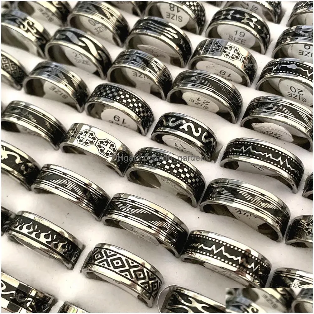 wholesale 30pcs black lines stainless steel rings mix men women band party gifts fashion punk retro jewelry