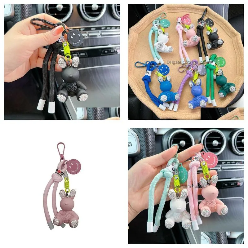 summer braid rope diamond rabbit keychain cute candy color vehicle key chain package pendant gift