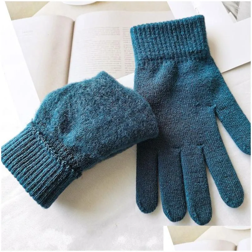 thicken warm winter gloves elastic knitting full finger glove solid color man lady outdoor mountain bike gloves mittens c3