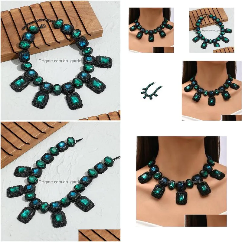 beaded necklaces 2022 european and american stars luxury brand green glass crystal gems short collarbone exaggerated necklace female