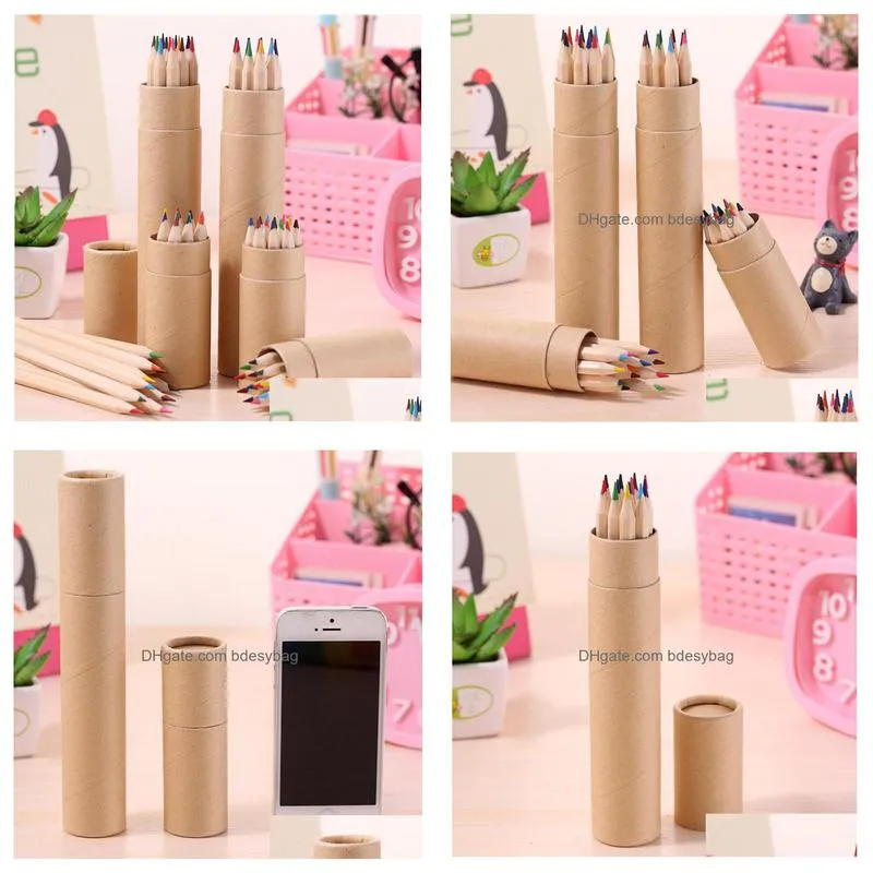 12 color drawing pencil wood painting pens kids colored pencils in kraft paper tubes dhs w0084