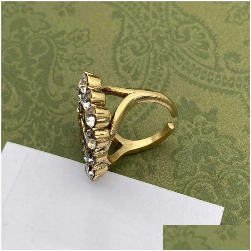 stylish diamond double letter ring rhinestone designer open rings shiny crystal la bague couple anello with gift box