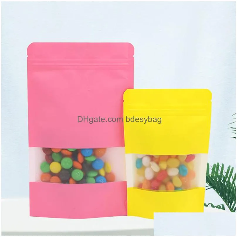 6 colors kraft paper self seal bag with window stand up resealable grip pouches tea coffee bean candy packaging food lx4455