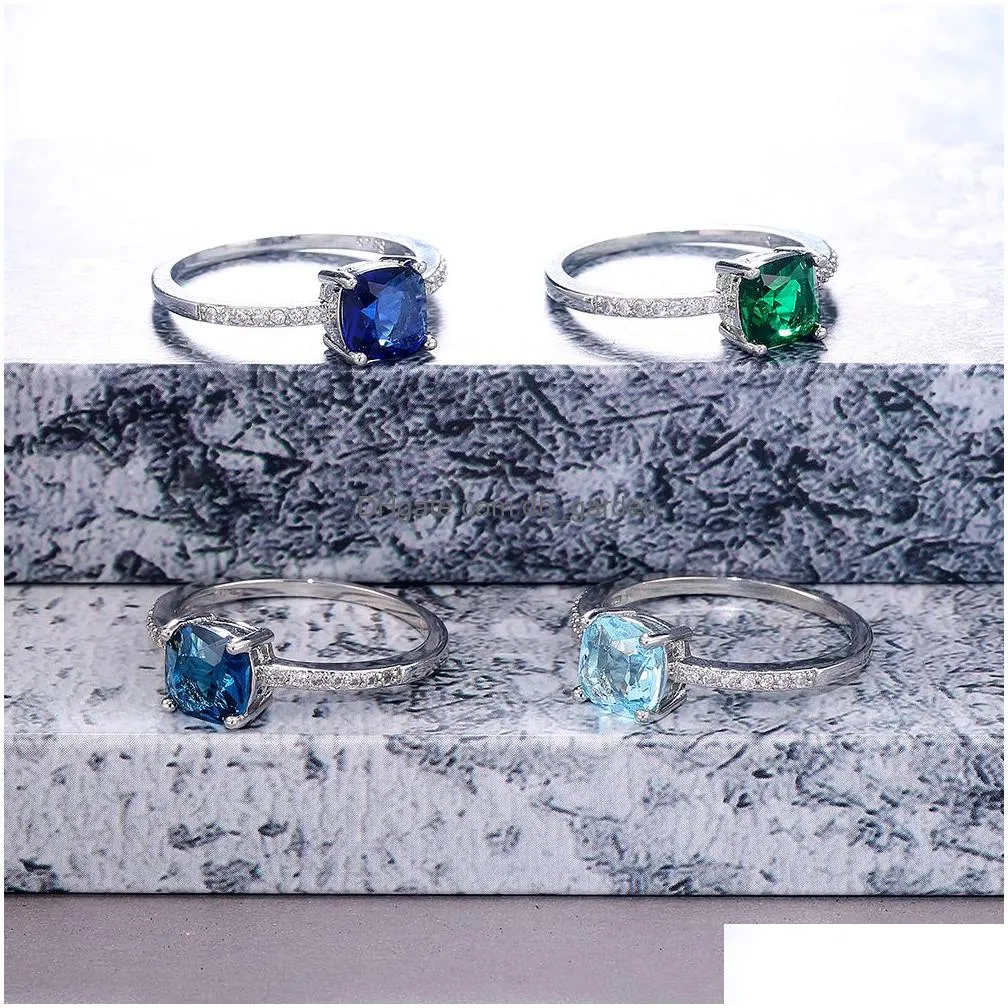 Band Rings Square Blue Series Stone Women Rings Simple Minimalist Pinky Accessories Ring Band Elegant Engagement Jewelry Dro Dhgarden Otvgh