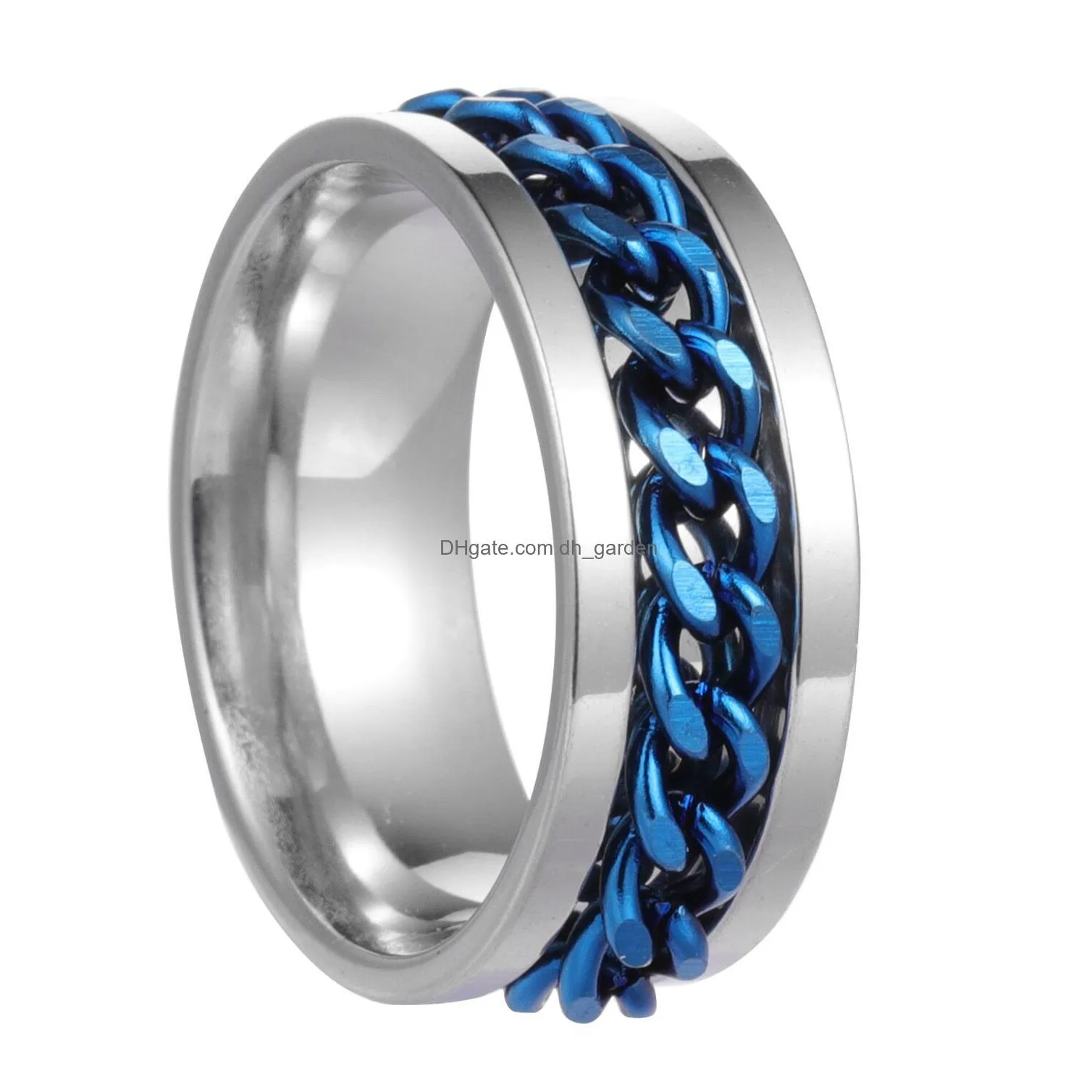 wholesale 40pcs spin chain stainless steel rings silver black gold blue mix men fashion wedding band party gifts jewelry