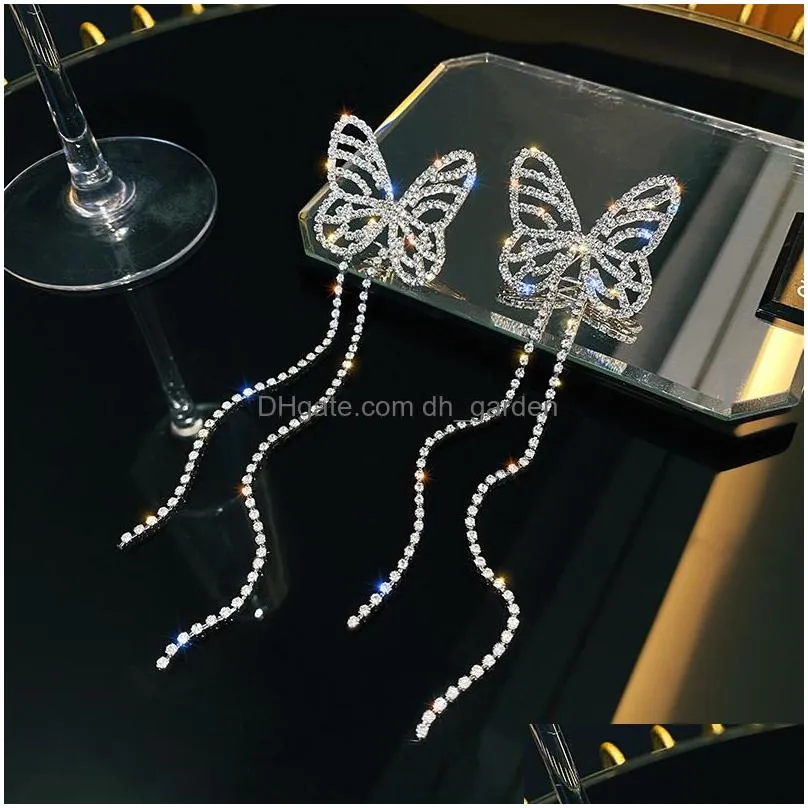 Dangle & Chandelier Tassel Butterfly Earrings For Women Shiny Rhinestone Big Bowknot Creative Jewelry Temperament Party Girl Dhgarden Otctw