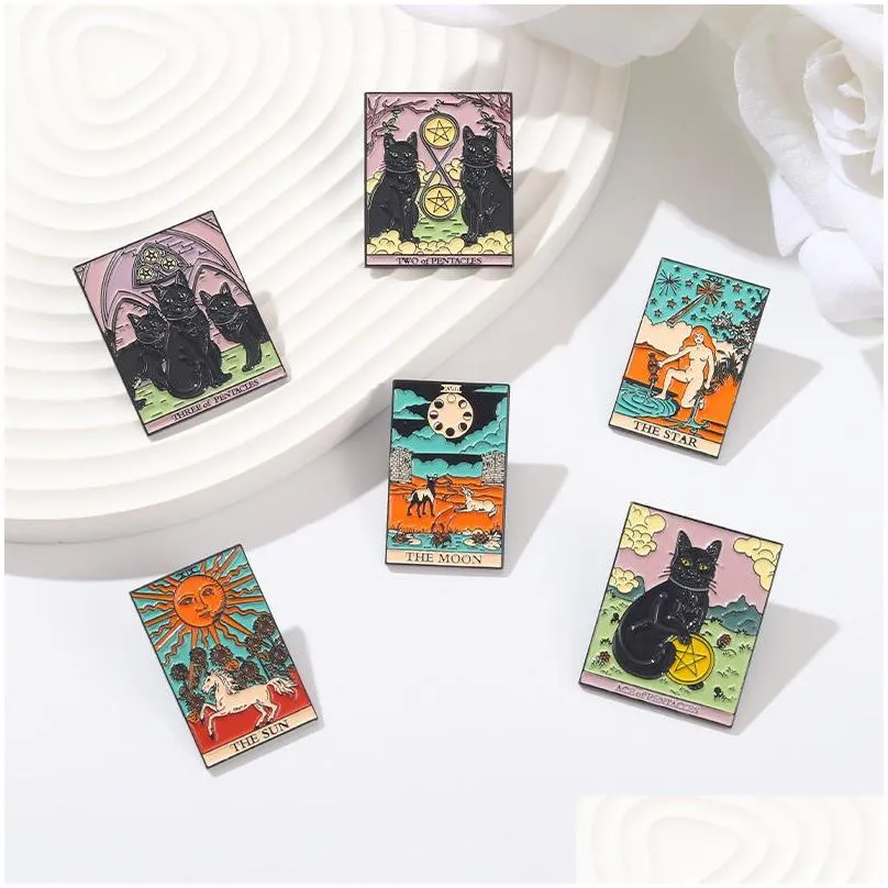 punk tarot card enamel pins black cat women sun moon brooches badge lapel pin jacket backpack accessories gift friends jewelry