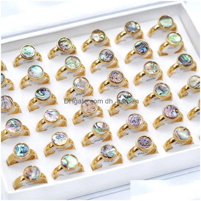 bulk lots 30pcs round shape abalone shell stainless steel ring wedding lover fashion women luxury jewelry accessories size 1720