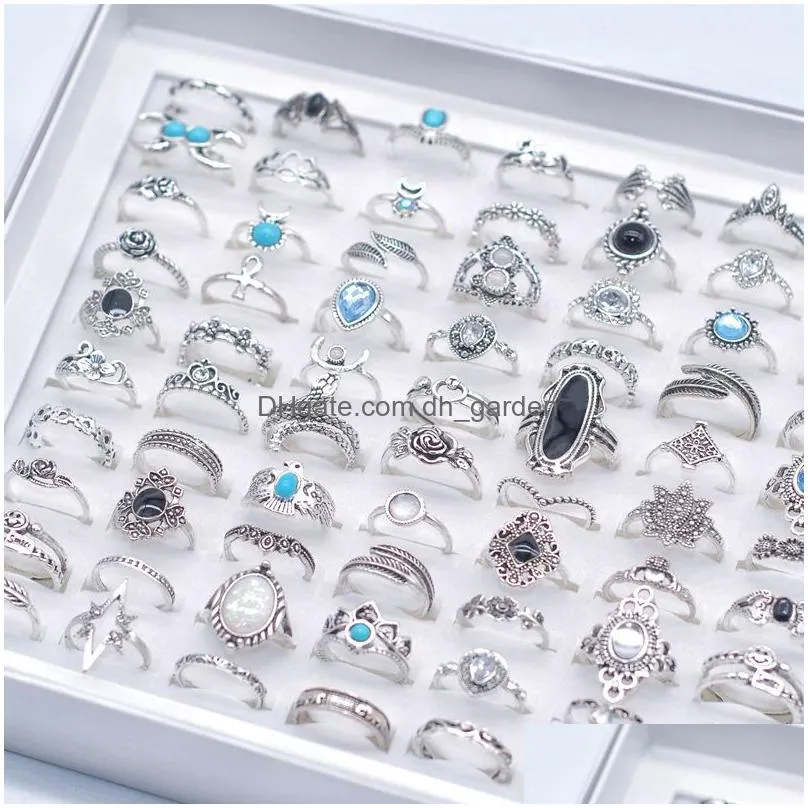 bulk 100pcs lots bohemia crystal vintage rings mix size antique silver ethnic women fashion charm jewelry gifts finger accessories