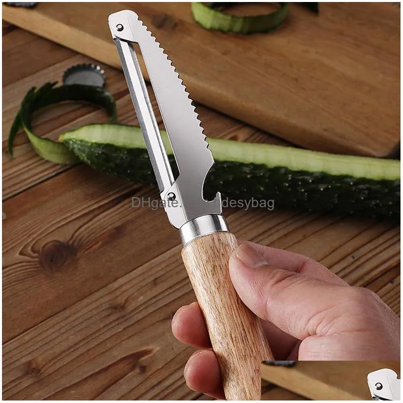 stainless steel peeler with wood handle for  tomato pear vegetable potato peeler beer bottle opener wholesale lx4919