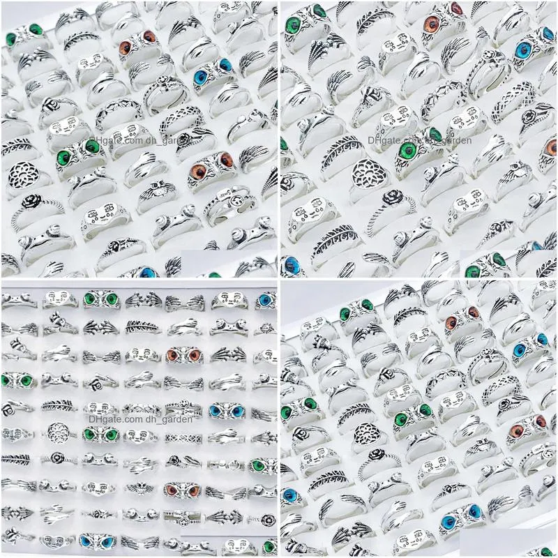 wholesale 50pcs silver rose frog owl wing antique band rings mix for multi style women men girl charm party gifts jewelry