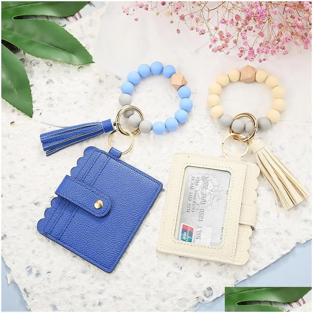 fashion pu leather bracelet wallet keychain party favor gifts tassels bangle key ring holder card bag silicone beaded wristlet keychains