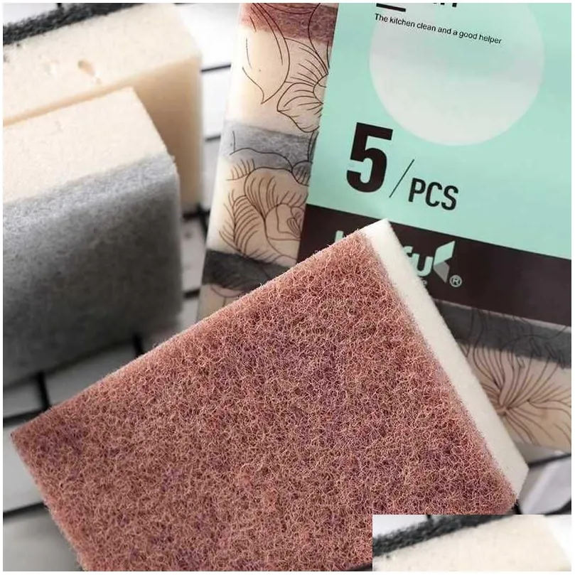Sponges & Scouring Pads Mti Color 5-Piece Kitchen Dishwashing Sponge Double-Sided Cleaning Thickened Wi Pot Stove And Drop Delivery Ho Otqfi