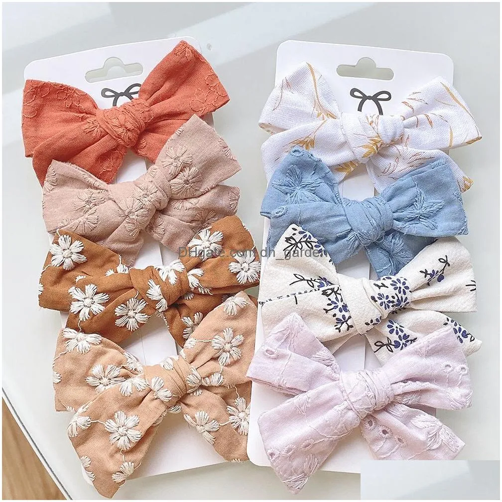 Hair Clips & Barrettes 4Pcs/Set Sweet Print Bowknot Hair Clips For Cute Baby Girls Cotton Bows Hairpin Barrette New Headwear Dhgarden Otkd8
