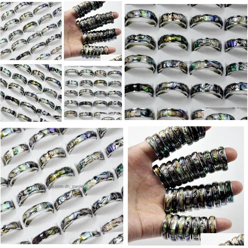 wholesale 50pcs 6mm abalone shell band stainless steel rings fashion jewelry summer ring for man women bulk lots