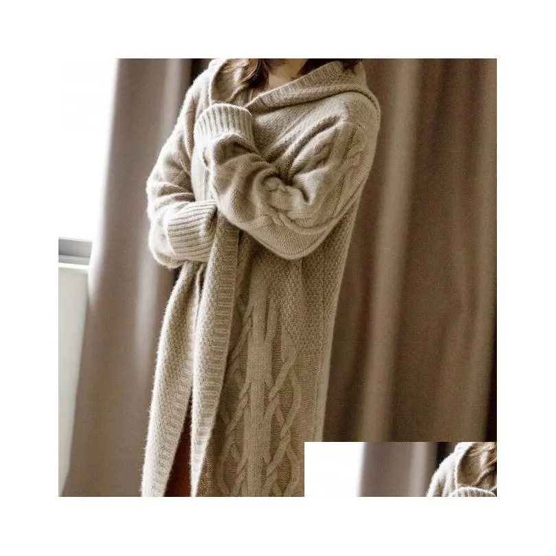 tailor sheep autumn winter new hooded coat women loose cardigan female long cashmere sweater thick knitted wool cardigan 201202