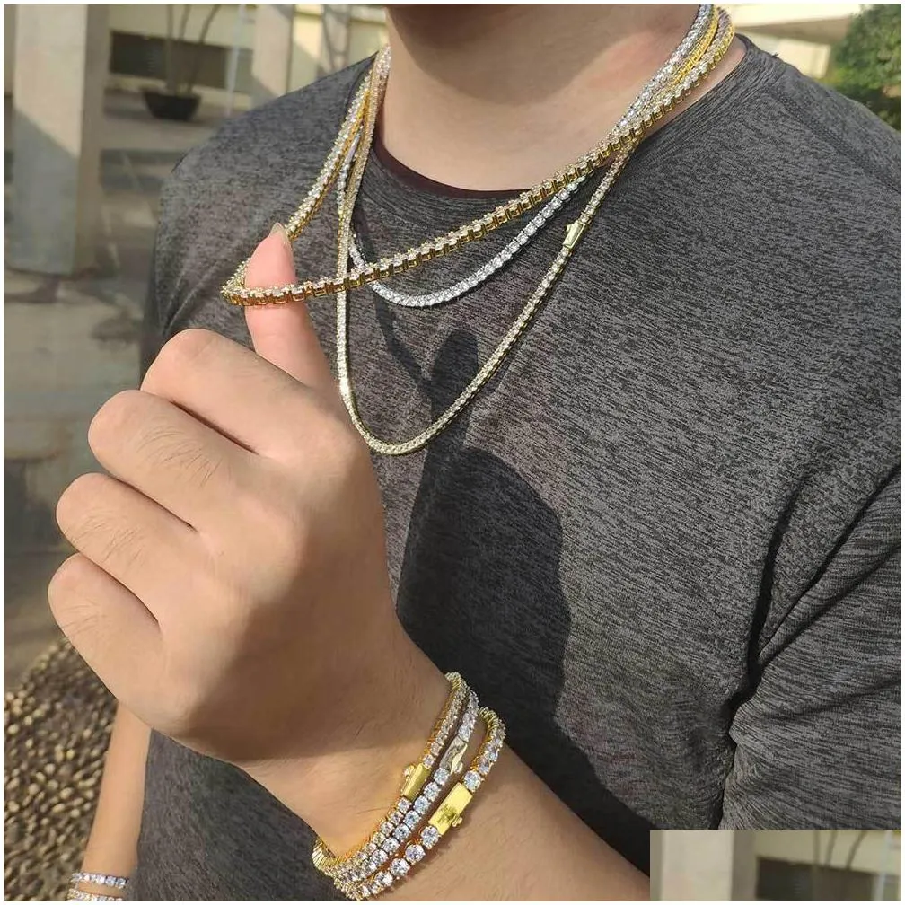 bling diamond stone tennis necklace bracelets for men 18k real gold plated graduated jewelry set jewelry