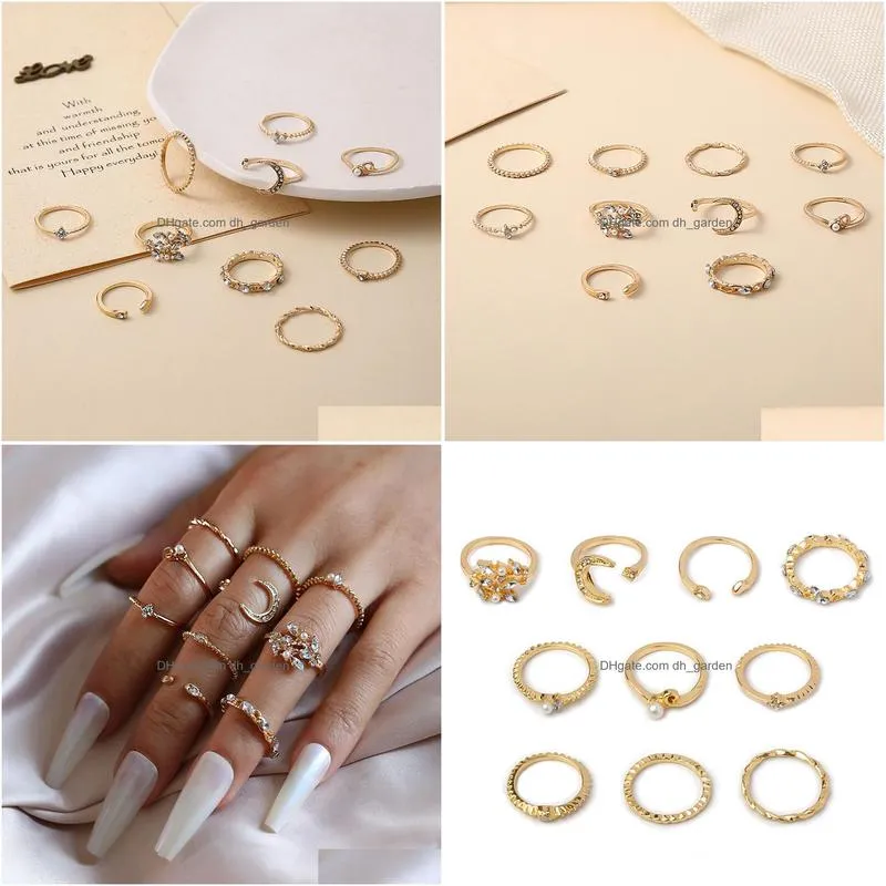 Band Rings 10Pcs/Set New Bohemian Gold Color Chain Rings Set Boho Coin Snake Moon Party For Women Fashion Jewelry Drop Delive Dhgarden Ot3Hp