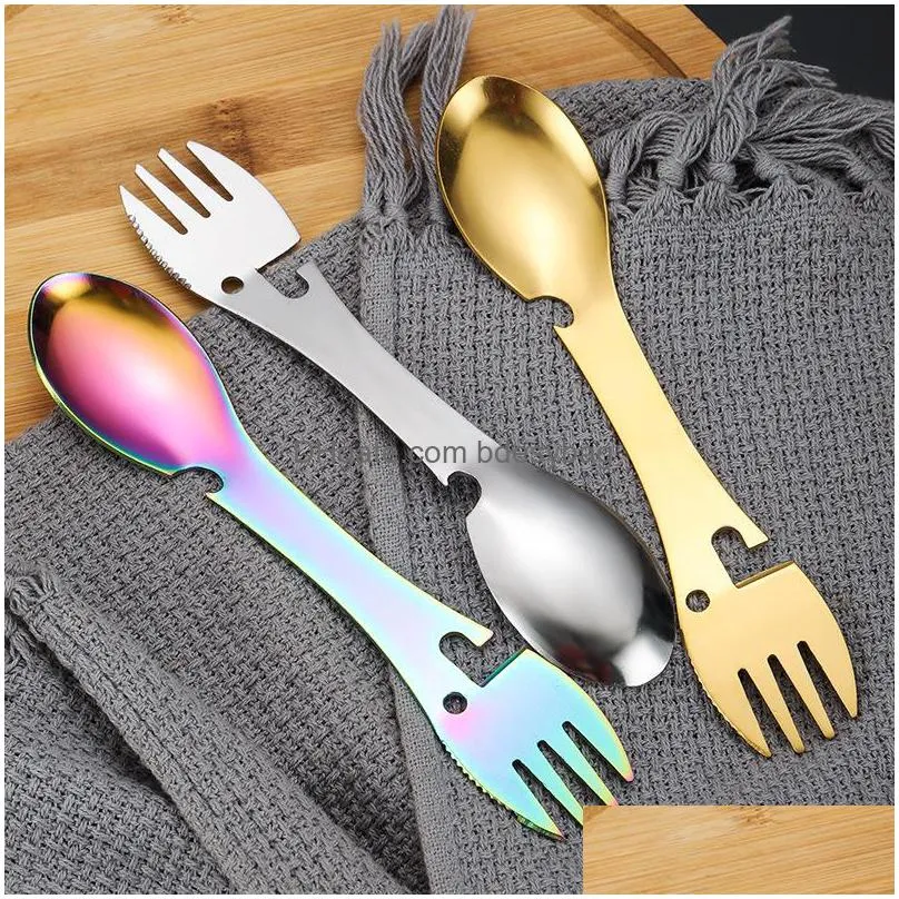 portable multi tool flatware can opener camp spork cutlery utensil bottle picnic stainless steel tableware fork spoon lx4980