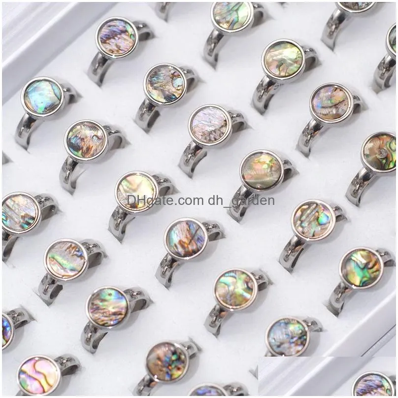 bulk lots 30pcs round shape abalone shell stainless steel ring wedding lover fashion women luxury jewelry accessories size 1720