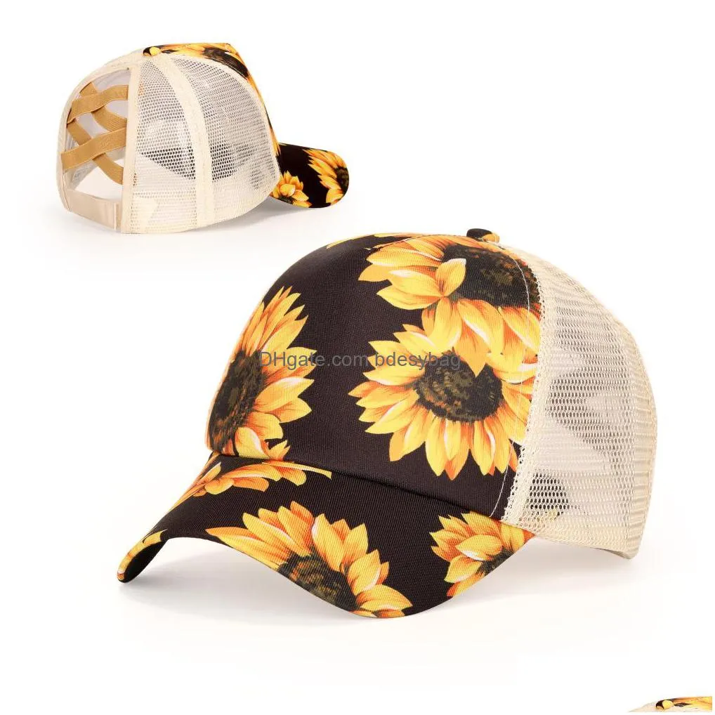 women sunflower baseball cap striped mesh cross hallow out hats high messy buns trucker pony caps girls dad hat w0269