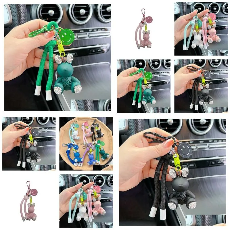 summer braid rope diamond rabbit keychain cute candy color vehicle key chain package pendant gift