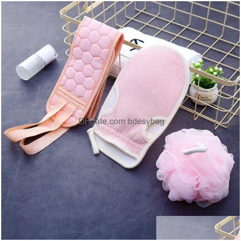 bathroom sets exfoliating long solid back strap bath towel massage spa sponge body flower 4 colors w0059