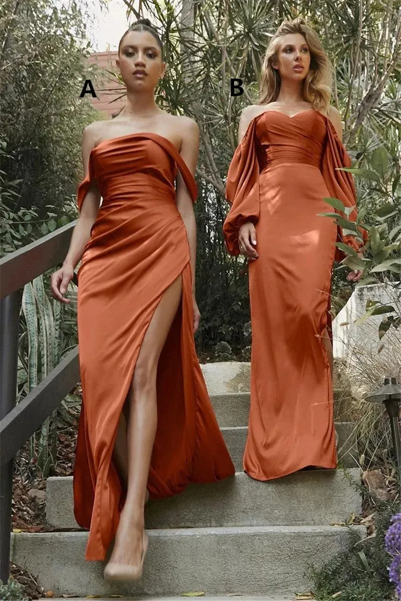 Burnt Orange Bridesmaid Dresses Sheath Off the Shoulder Long Sleeves Side Slit Beach Plus Size Guest Gowns Custom Made Formal prom Evening Wear