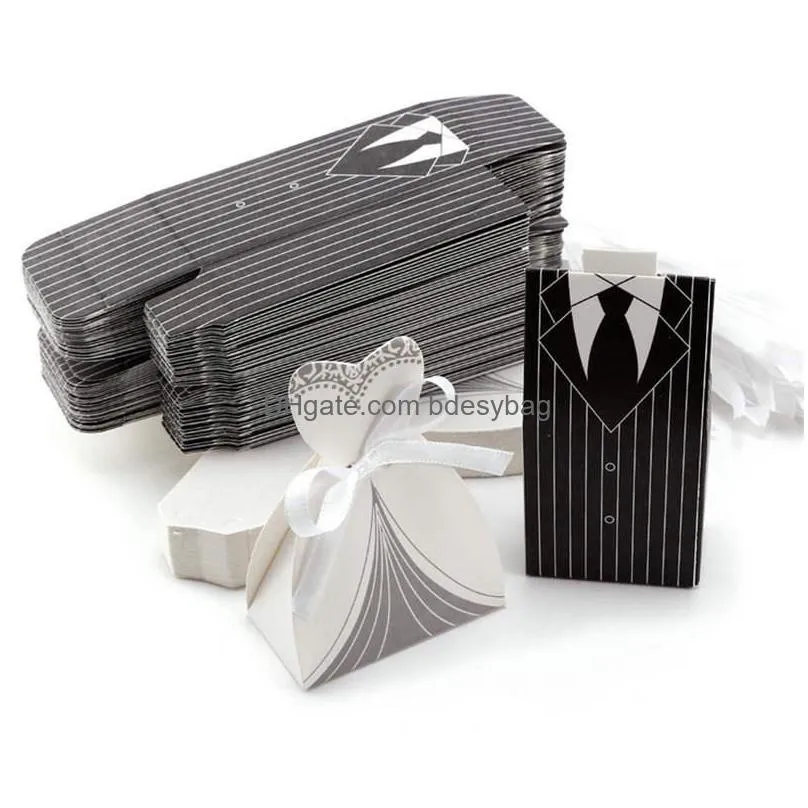 100pcs 50pairs european style tuxedo dress bride groom wedding favors candy boxes bomboniera party gift boxes with ribbons lz0082