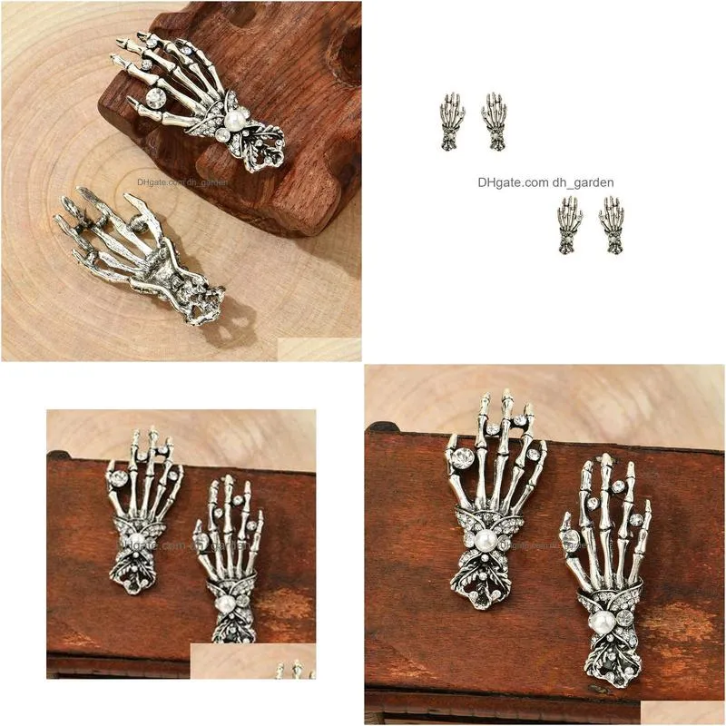 charm european and american crossborder exaggerated halloween skeleton palm diamond pearl personalized simple earrings