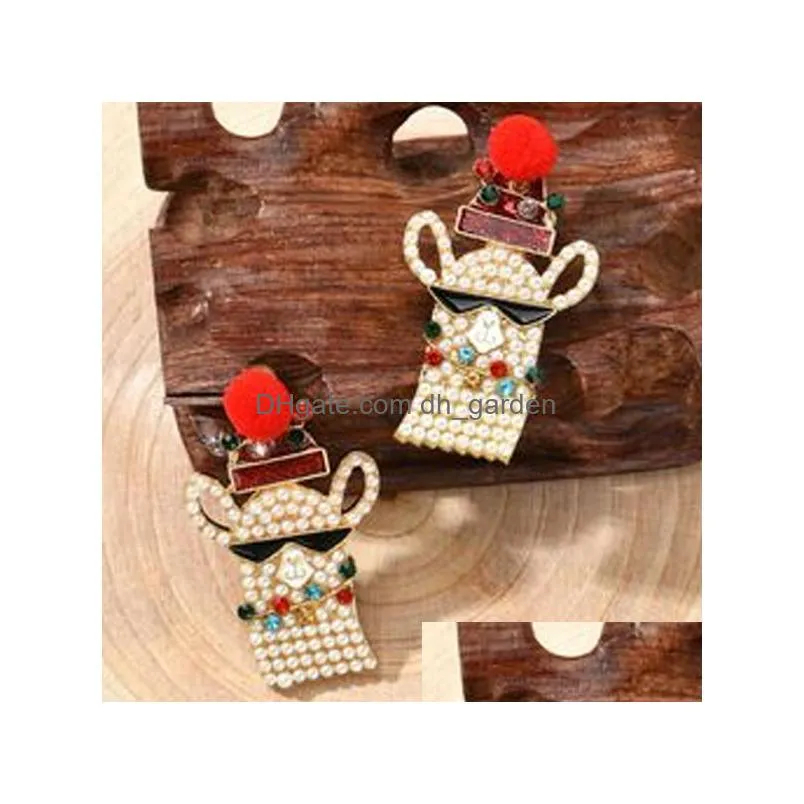 charm christmas earrings creative funny alloy diamond cartoon alpaca earrings holiday hat crossborder ear jewelry