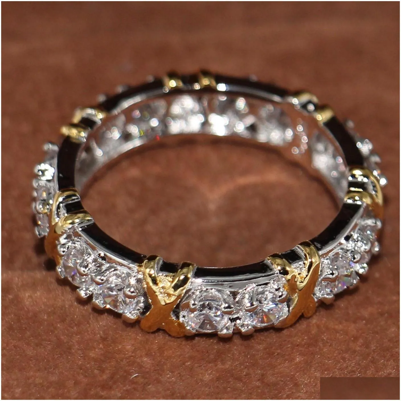 wholesale professional eternity diamonique cz simulated diamond 10kt white yellow gold filled wedding band cross ring size 511