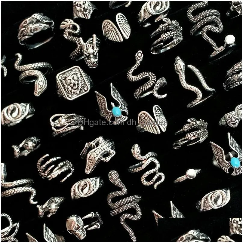 bulk lots 30pcs vivid gothnic snake dragon vintage metal rings size 1720 for women men punk  fashion charm gifts jewelry accessories